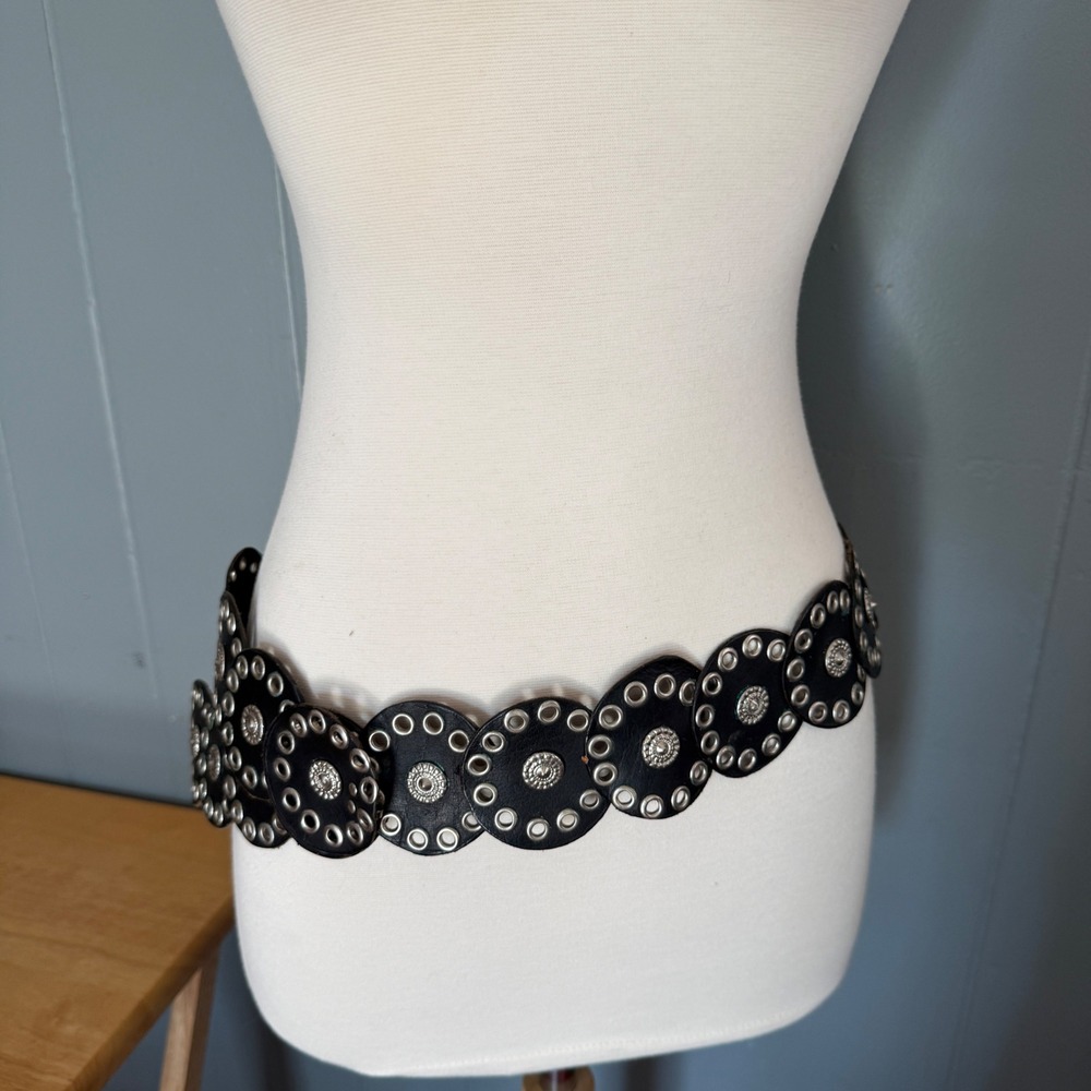 Black Leather Disc Belt Silver Grommets Studded Statement Boho Western Festival